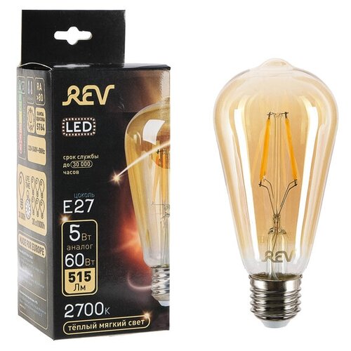 Лампа светодиодная REV LED FILAMENT VINTAGE, ST64, 5 Вт, E27, 2700 K, теплый свет