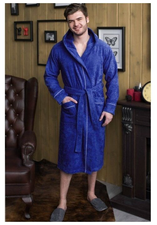 Халат махровый Everliness мужской капюшон+кант, цвет синий, размер 48 - фотография № 8