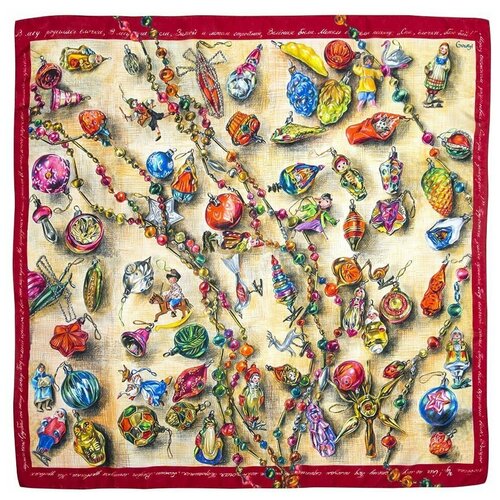 фото Платок gourji "новогодние игрушки", шёлк, 90х90 см