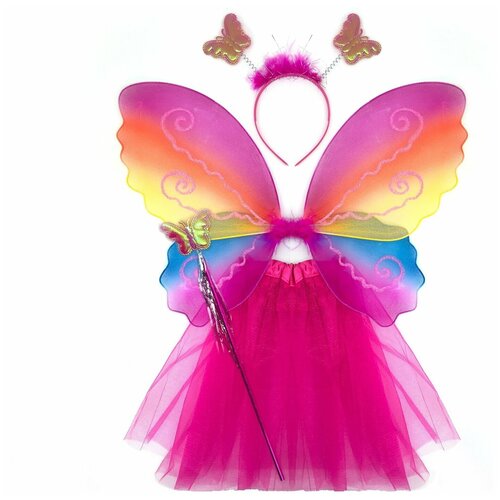 Набор (ободок, крылья, юбочка, волшебная палочка) Фея Бабочка, Радужный, с блестками, 1 шт.
