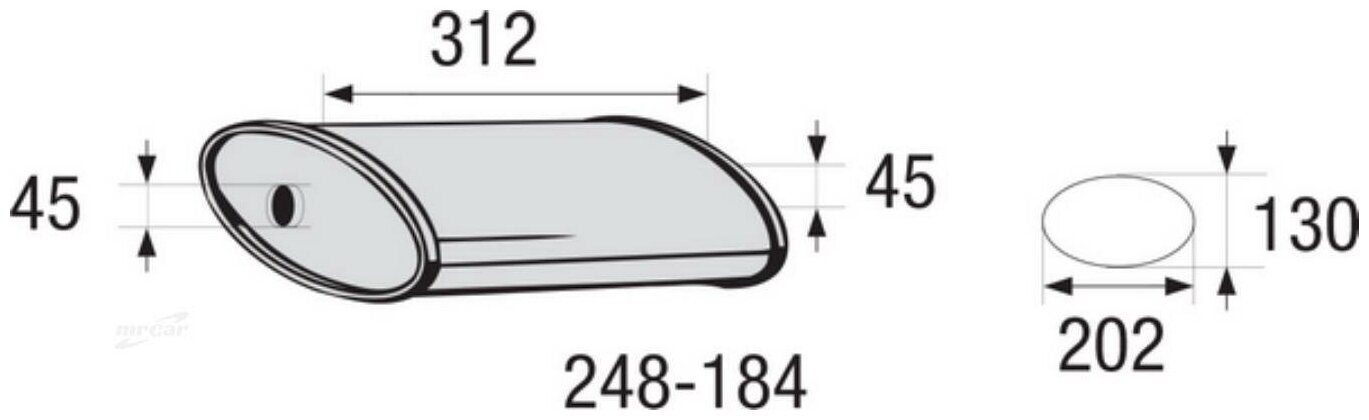 248184 BOSAL Глушитель универсальный овальный L=312мм/H=100мм/W=195мм/d1=d2=45мм