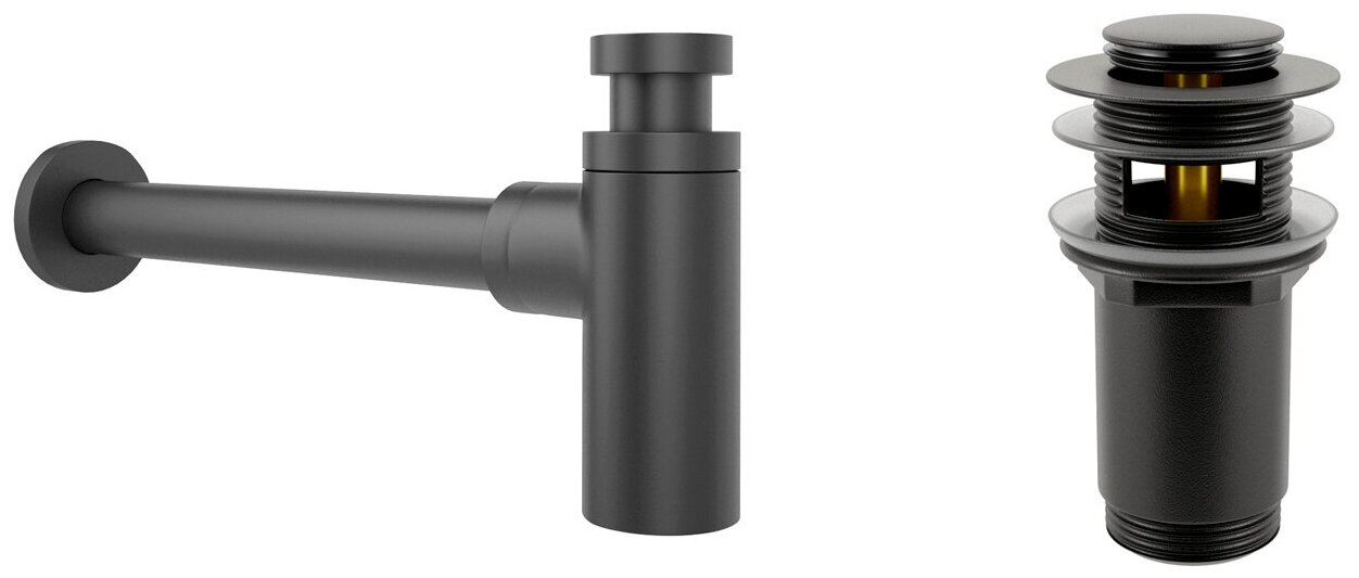 Сифон для раковины Wellsee Drainage System 182105001 в наборе 2 в 1: металлический сифон и донный клапан с переливом в цвете матовый черный
