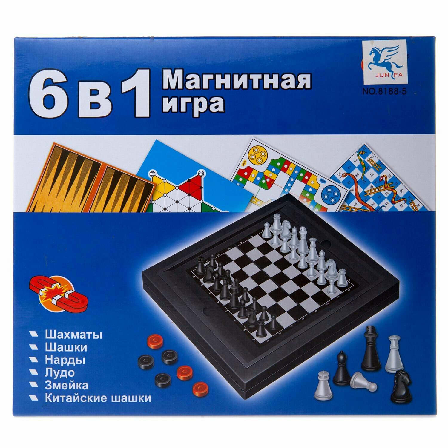 Игра настольная магнитная 6в1 (шахматы, шашки, нарды, лудо, змейка, китайские шашки) 8188-5