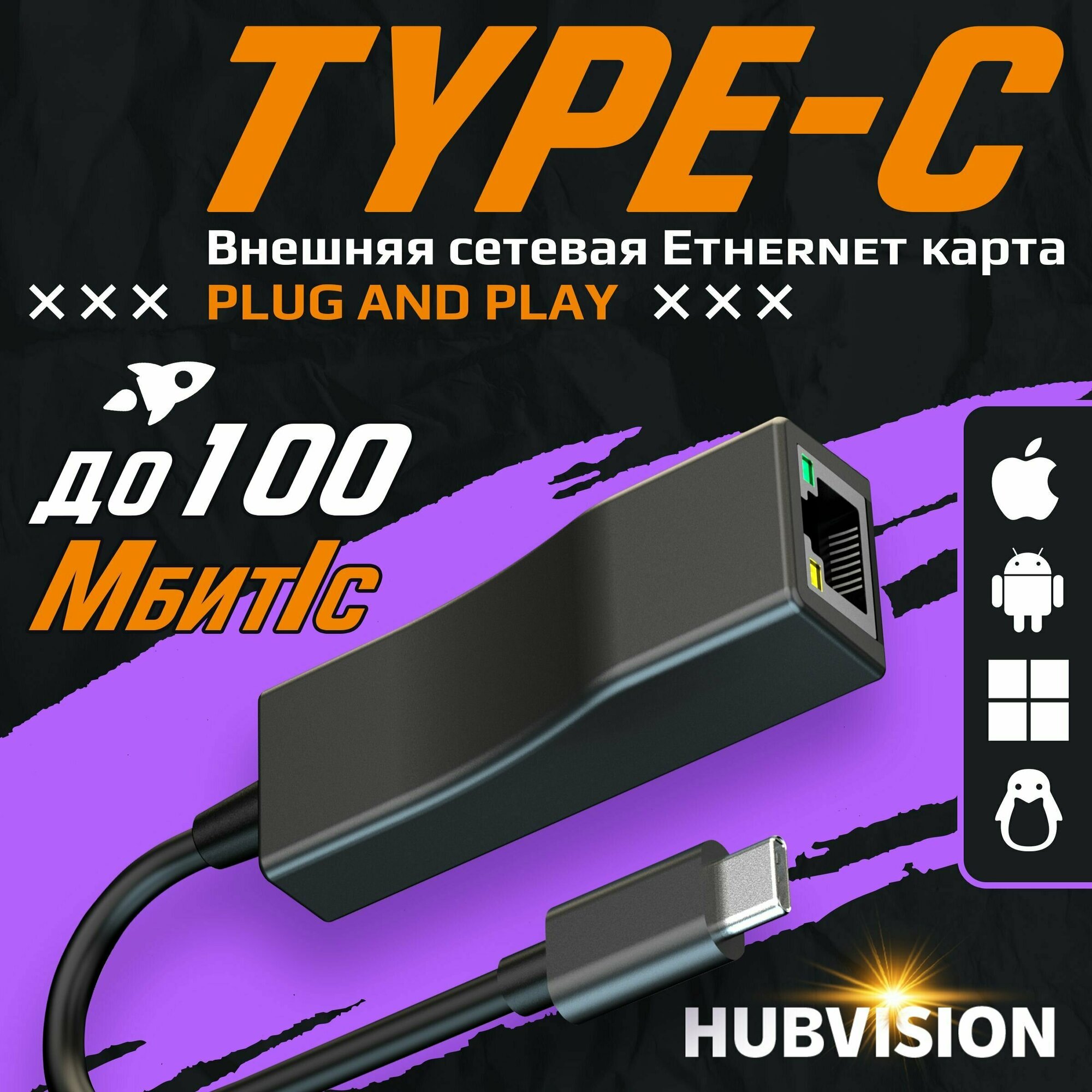 Адаптер USB Type-C - LAN (RJ45) / внешняя сетевая Type-C карта Ethernet / cетевой адаптер Type-C - RJ45