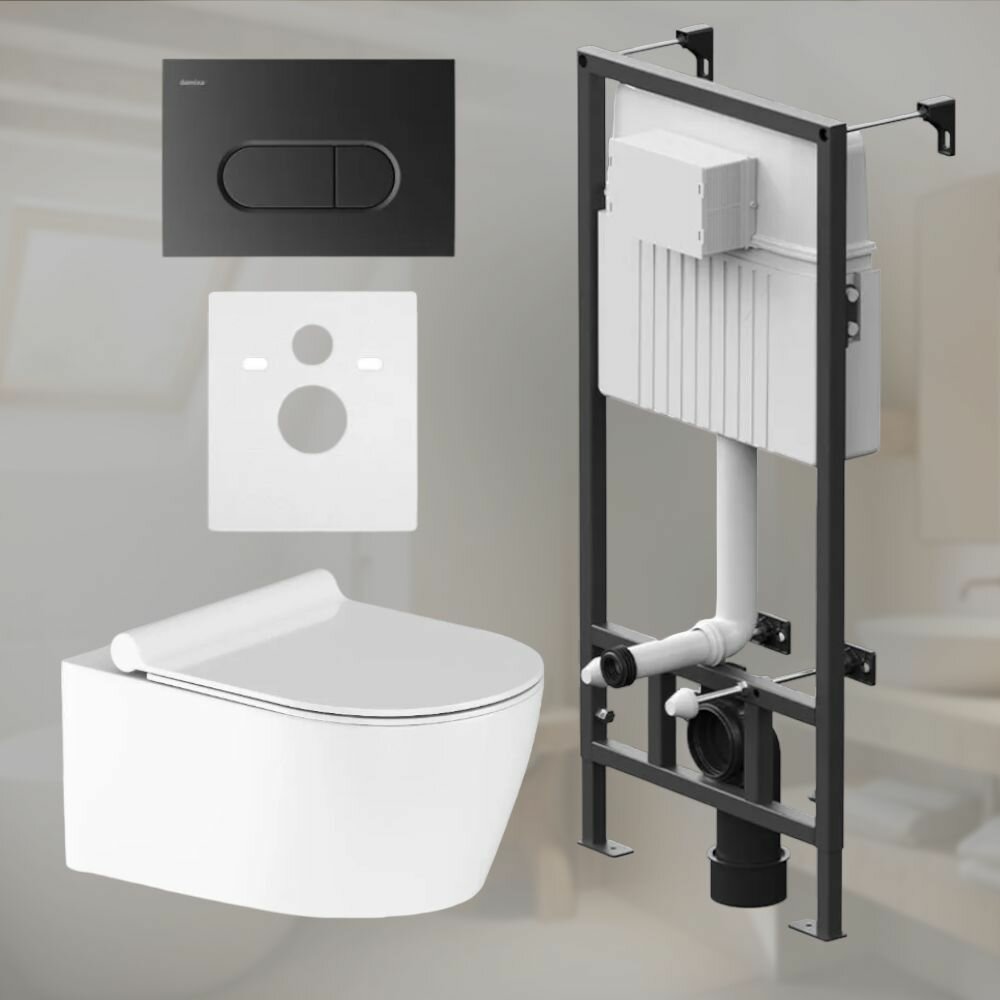 фото Инсталляция с подвесным унитазом Damixa Jupiter Rimless DX77. IS30238.1700 безободковый, механическая кнопка матовый черный, микролифт, шумоизоляция