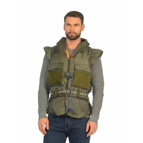 Жилет спасательный Shark с капюшоном, карманами и свистком, цвет Хаки (р.66-70/ 120 кг)