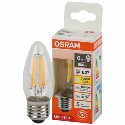 Светодиодная лампа OSRAM 6 Вт Е27/B филаментная теплый свет