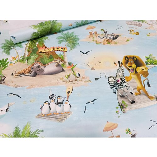 Обои виниловые горячего тиснения для детской комнаты Артекс Африка 10979-02 мультгерои Мадагаскар Дисней 1.06*10м метровые голубые