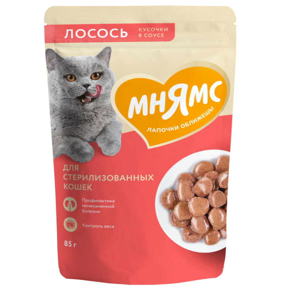 Мнямс влажный корм для стерилизованных кошек кусочки в соусе с лососем, в паучах - 85 г х 24 шт