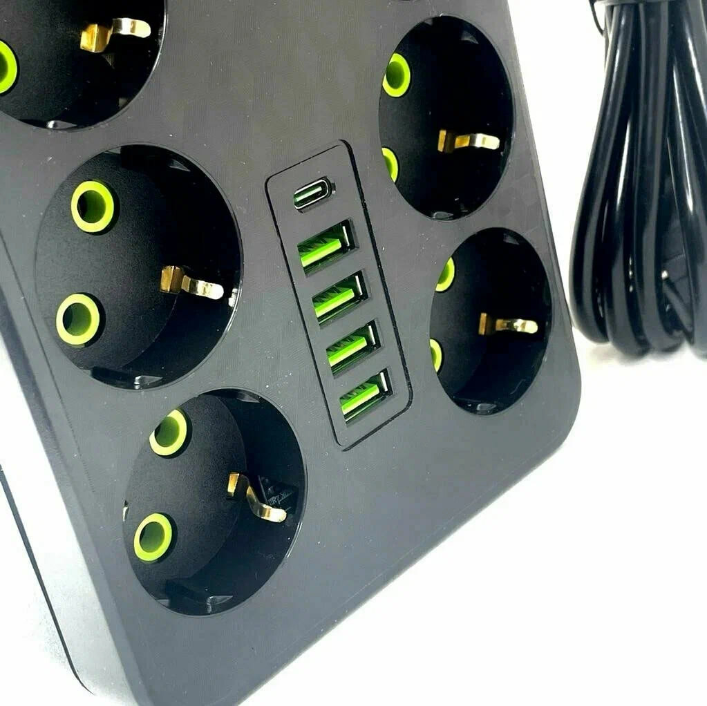 Сетевой фильтр, бытовой удлинитель с Type-C и USB, длина 3 метра, Сетевой фильтр 3м. 8 розеток, 4 USB, 1 Type-C, черный — фото 1