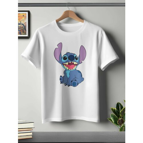 фото Футболка oneq унисекс 64-66 (5xl) размер с принтом стич, белая, размер 5xl, белый
