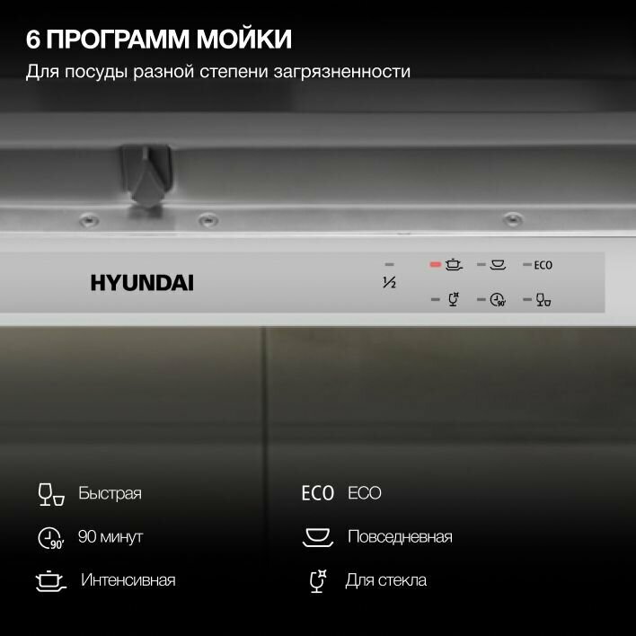 Встраиваемая посудомоечная машина HYUNDAI HBD 661 полноразмерная, 60 см, Луч на полу, Защита от протечек AQUASTOP — фото 1
