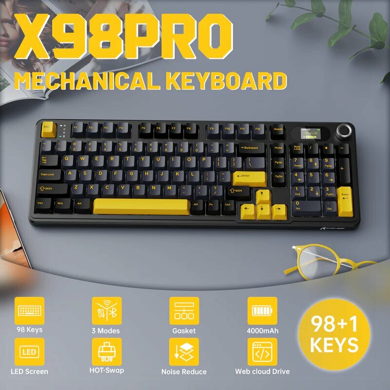 Клавиатура Attack Shark X98 Pro, RGB, Bluetooth, трехрежимная, механическая, желтая