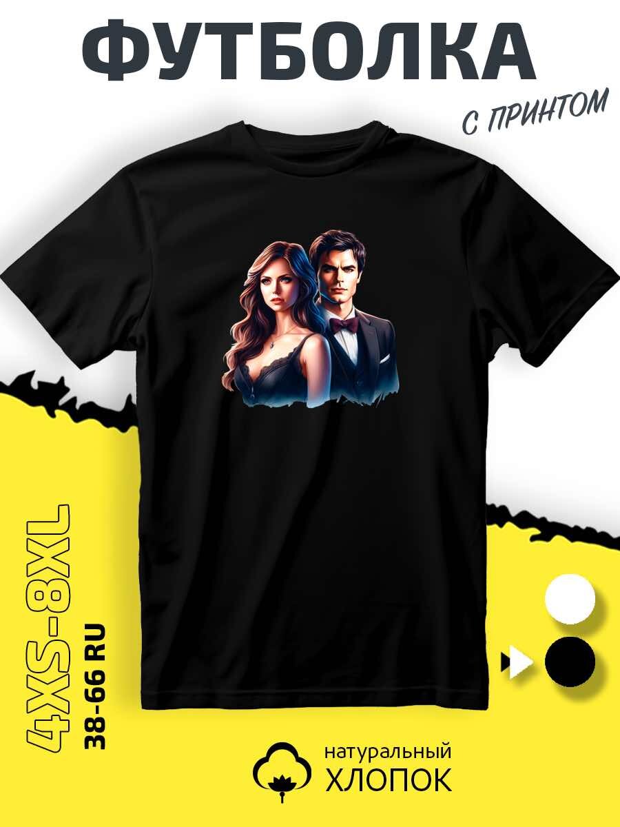 Футболка SMAIL-P с Деймоном Сальваторе Еленой Гилберт Дневники Вампира Vampire Diaries, размер M, черный