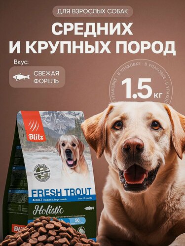 Изображение товара Корм для собак средних и крупных пород BLITZ, холистик, монобелковый, форель, 1.5кг