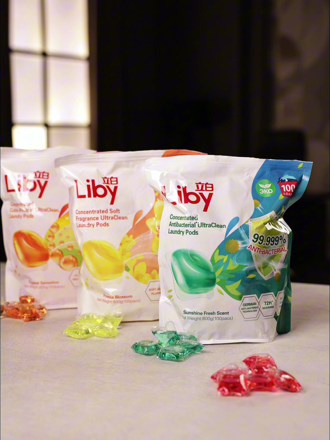 Капсулы для стирки Liby 3в1 антибактериальные против пятен, формула защиты цвета, концентрат с кондиционером, 100 шт. — фото 1