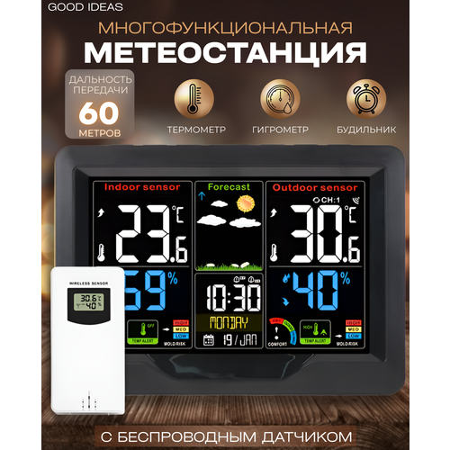 Термометр уличный и комнатный Good Ideas: электронный, с гигрометром и выносным датчиком / Черный с белым датчиком