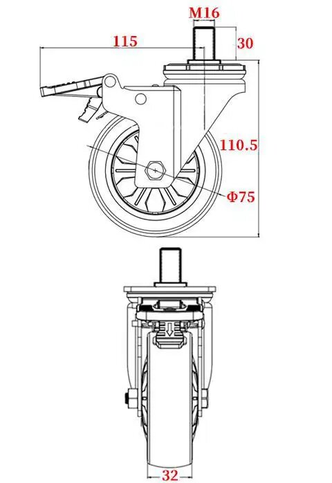 1 шт. 3-дюймовый винт M10/M12/M14/M16/M20 универсальное колесо с тормозным резиновым валом роликовый шкив Бесшумная машина с одной нагрузкой 110 кг M16- With brakes 3 дюйма