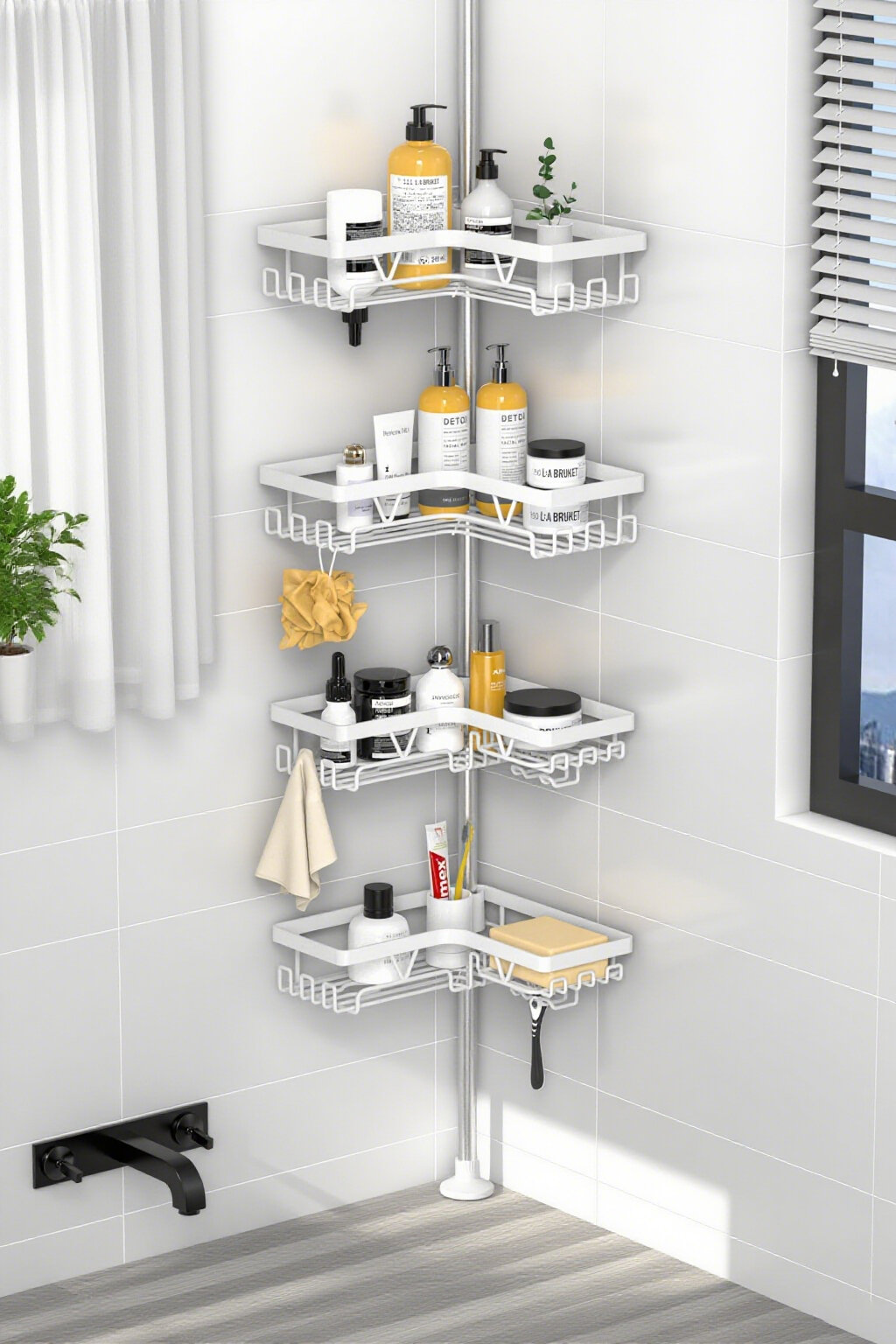 Угловая 4х ярусная полка для ванной с штанга для ванной телескопическая.