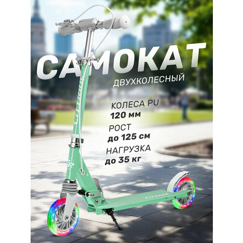 Самокат двухколесный ТМ CITYRIDE, складной, колеса светятся PU 120/120, ручной тормоз, подножка, CR-S2-09/МТ