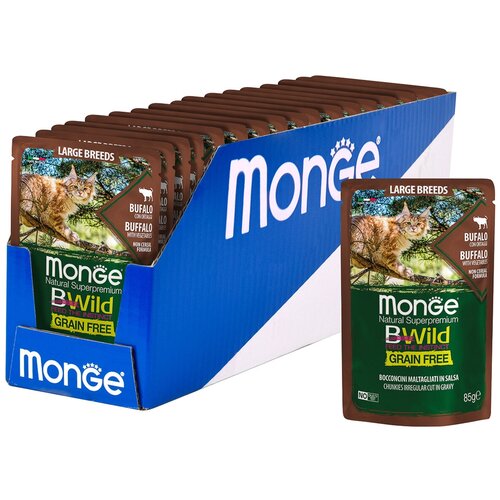 Паучи Monge Cat BWild Grain Free из мяса буйвола с овощами для кошек крупных пород 85 г 14 шт Monge 8009470012751