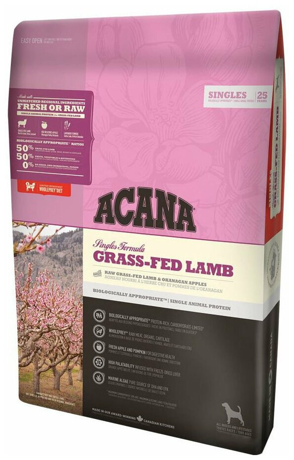 Сухой корм для собак Acana Singles Grass-Fed Lamb, беззерновой, при чувствительном пищеварении, ягненок 11.4 кг