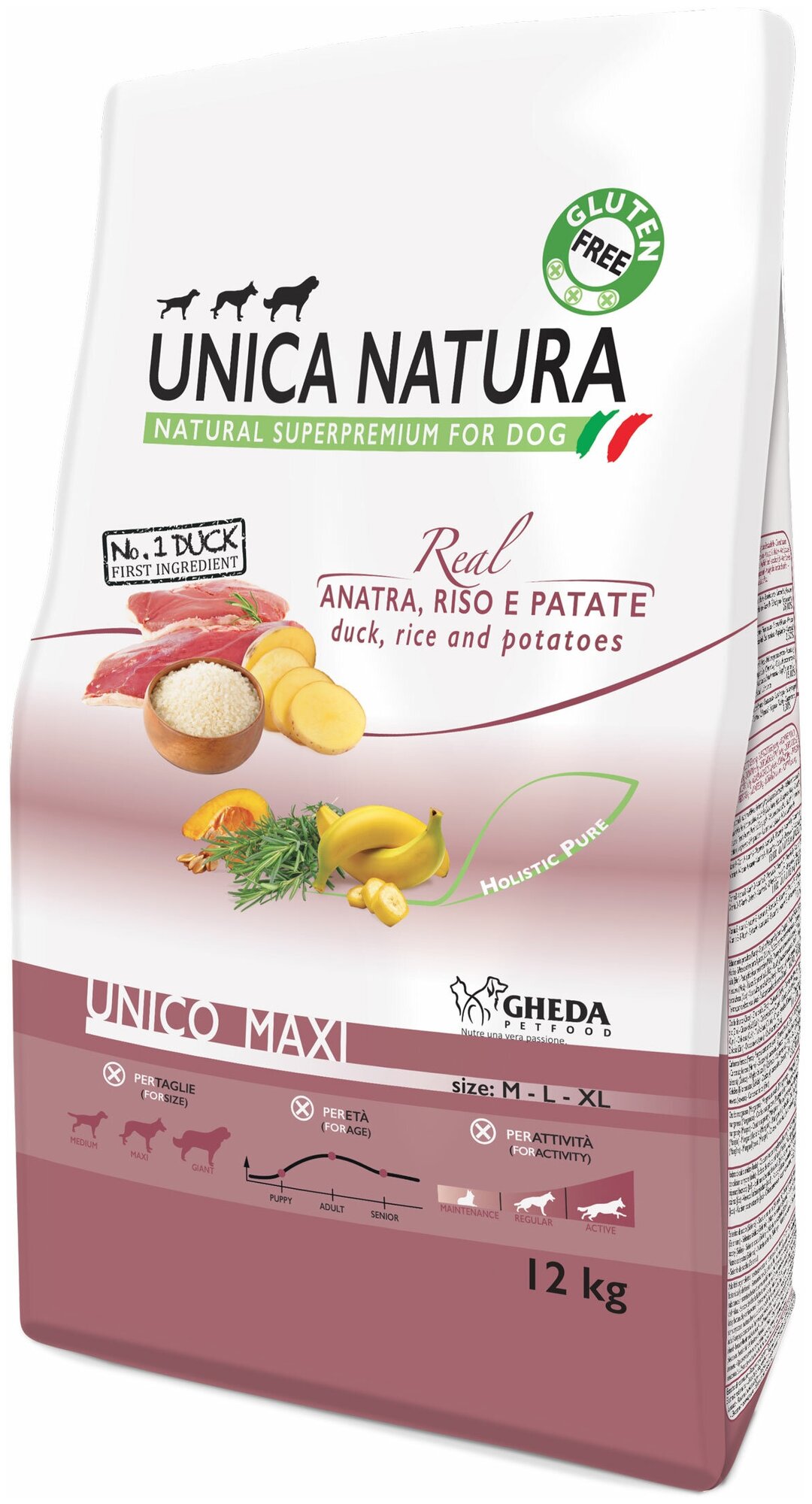 Сухой корм для собак Unica Natura утка, с рисом, с картофелем 2.5 кг (для средних и крупных пород)