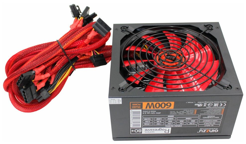 Ginzzu PC600 14CM(Red) 80+ black,APFC,24+4p,2 PCI-E(6+2), 5*SATA, 4*IDE,оплетка, кабель питания,цветная коробка - фото №2