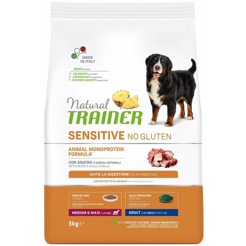 Trainer Natural Dog Sensitive Adult Medium&Maxi сухой безглютеновый корм для взрослых собак средних и крупных пород с чувствительным пищеварением с уткой - 3 кг