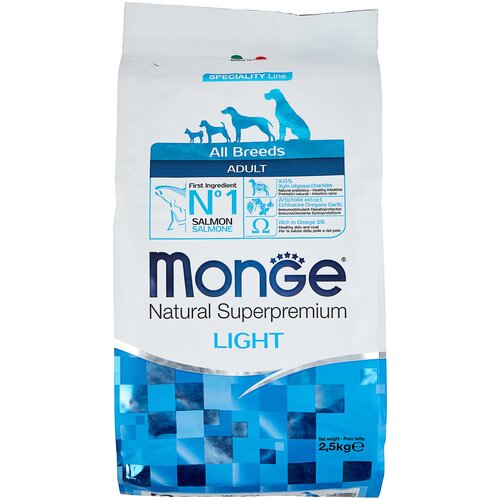Корм для собак MONGE Dog Speciality Light для всех пород низкокалорийный, лосось, рис сух. 12кг