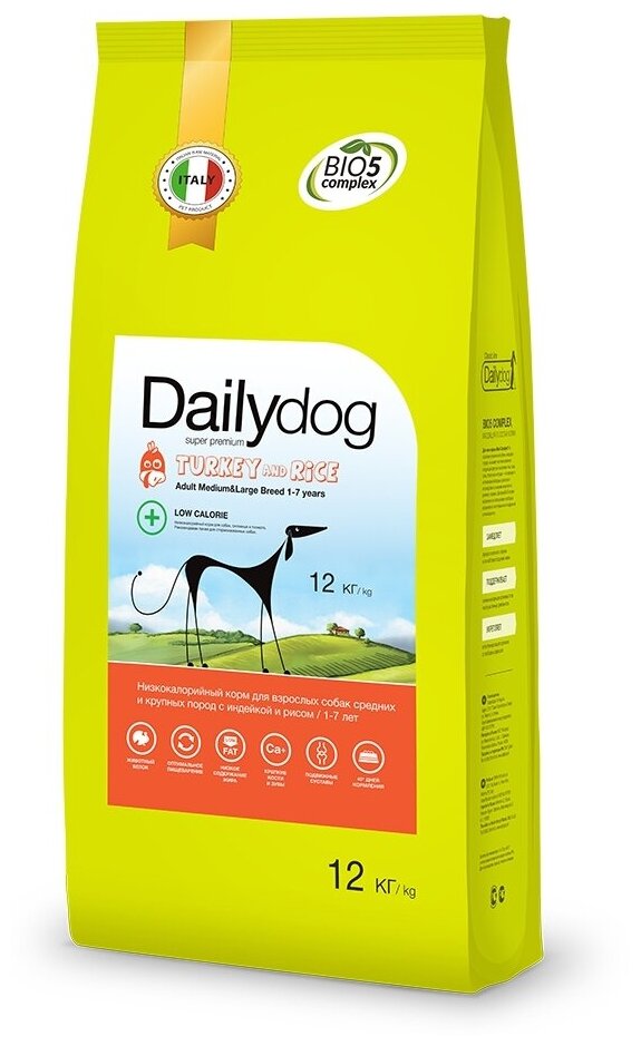 Сухой корм Dailydog ADULT MEDIUM&LARGE BREED LOW CALORIE Turkey and Rice для взрослых собак средних и крупных пород, низкокалорийный с индейкой и рисом - 12кг