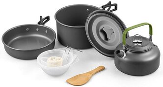 Cooking Set DS-102/ Набор туристической посуды, котелок, кружка-ковш, сковорода, чайник, пластиковые миски, столовые приборы