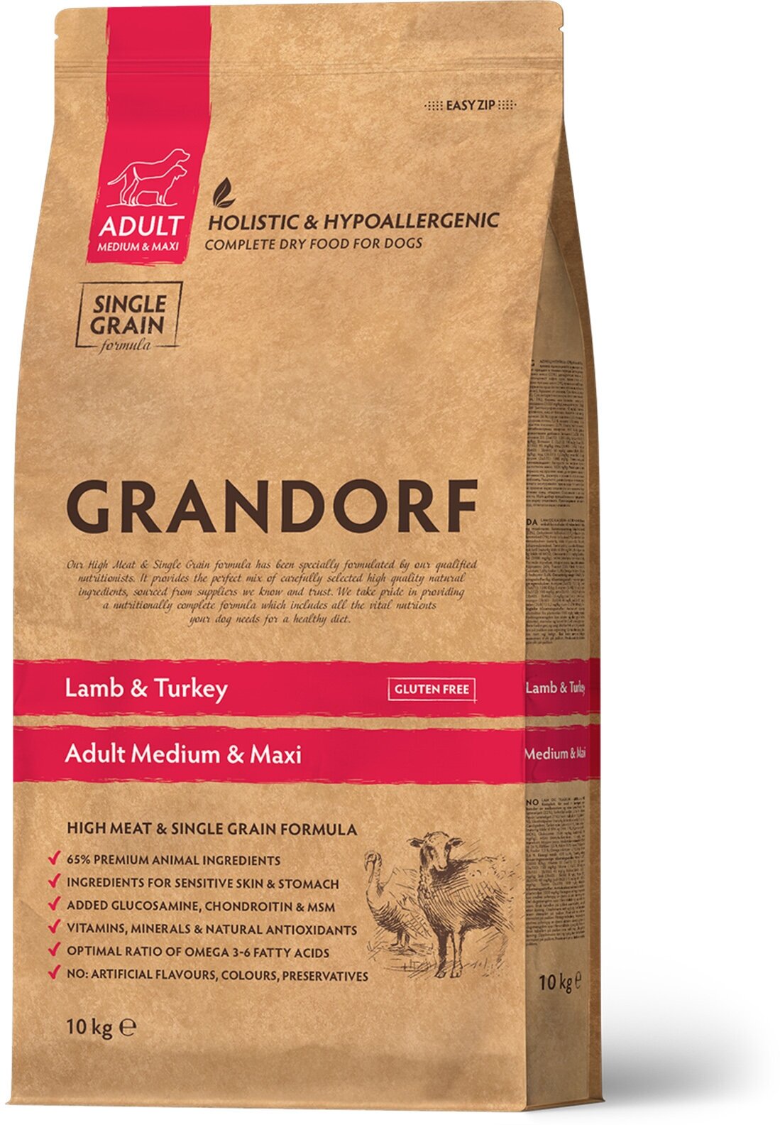 Сухой корм для собак средних и крупных пород GRANDORF Medium&Maxi Adult Lamb & Turkey, ягненок с индейкой, 10кг