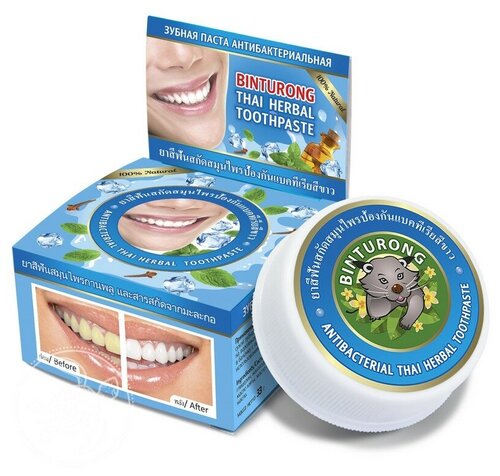 Зубная паста BINTURONG Antibacterial Thai  Herbal антибактериальная, мята, 33 мл, синий