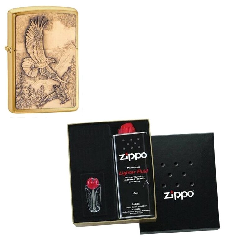 Зажигалка ZIPPO Eagles Brushed Brass в подарочной упаковке + топливо и кремни