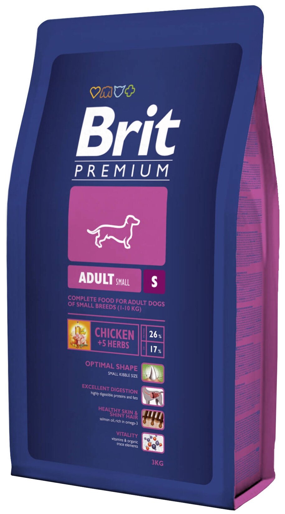 Корм Brit Premium Adult Small для собак малых пород, с курицей, 3 кг