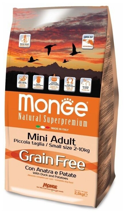 Сухой корм Monge Grain Free Mini для взрослых собак беззерновой мелких пород, утка/картофель, 2.5кг - фото №2