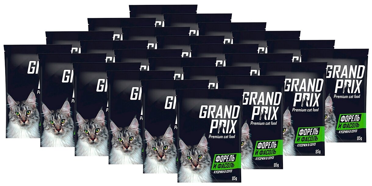 Влажный корм GRAND PRIX для кошек кусочки в соусе форель с фасолью, 24 шт. по 85 г. - фотография № 1