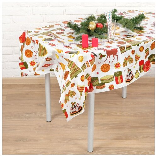 фото Скатерть страна карнавалия новогодние атрибуты 4309515, 180х108 см, разноцветный