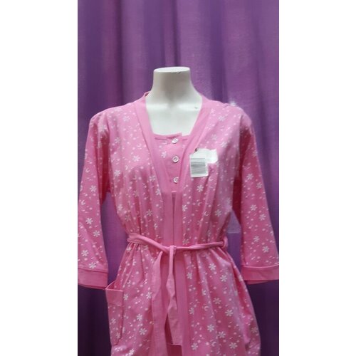 фото Пеньюар средней длины, укороченный рукав, карманы, пояс, трикотажная, размер 50, розовый без бренда
