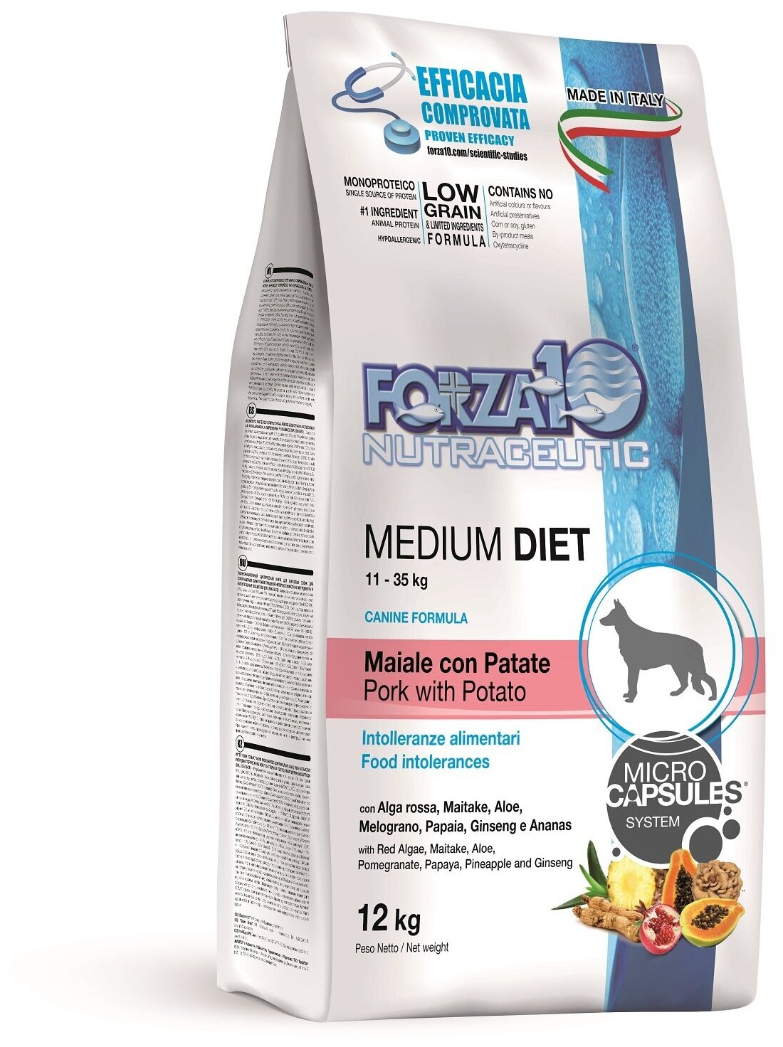 Forza10 Medium Diet Low Grain полнорационный диетический корм для взрослых собак средних пород из свинины, картофеля и риса с микрокапсулами - 12 кг