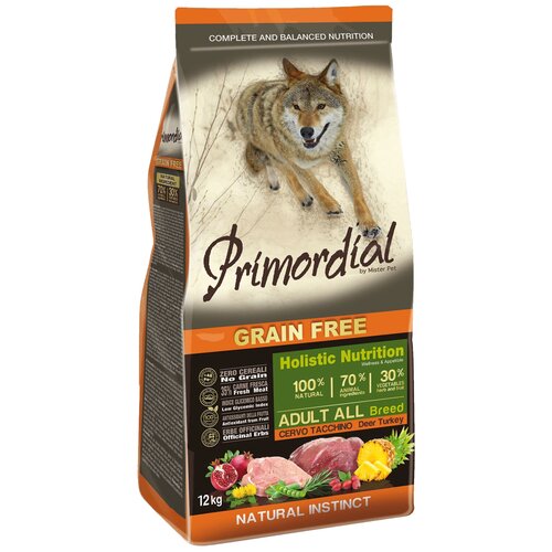 Сухой корм для собак Primordial беззерновой, оленина, индейка 1 уп. х 1 шт. х 12 кг