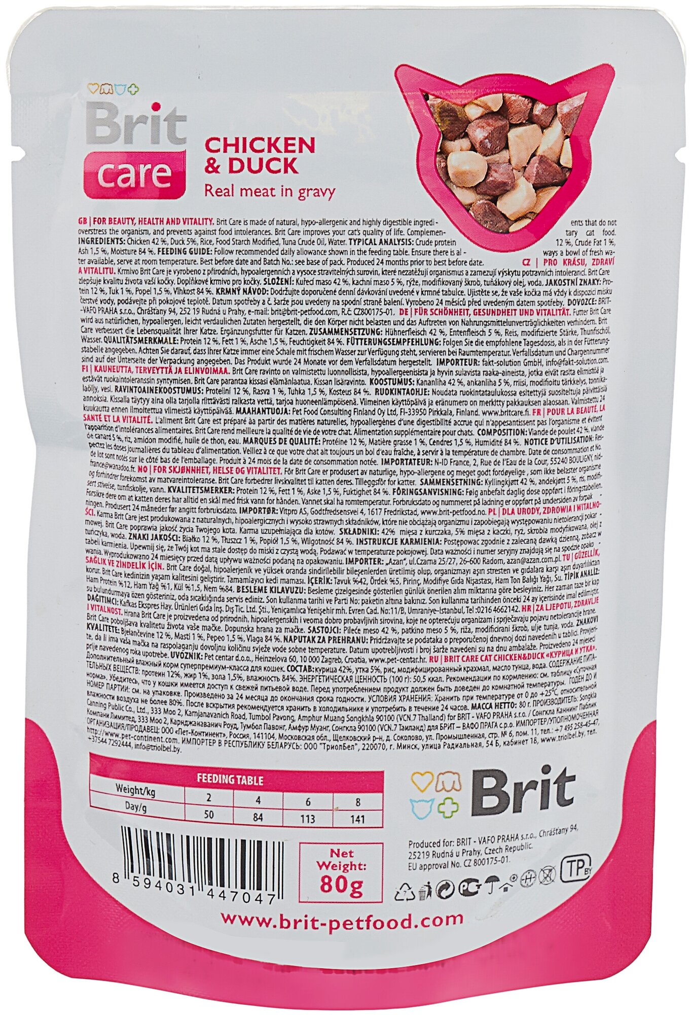 Влажный корм для кошек Brit Care, с курицей, с уткой 24 шт. х 80 г (мини-филе) паучи - фотография № 3