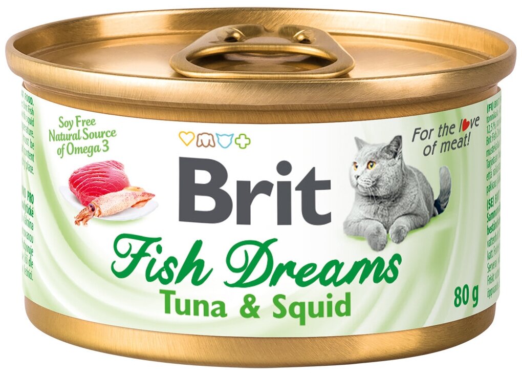 Влажный корм для кошек Brit Fish Dreams, с тунцом, с кальмаром 12 шт. х 80 г (кусочки в соусе) - фотография № 1