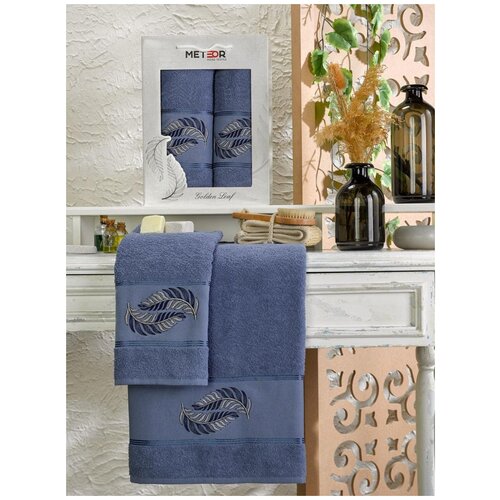фото Набор полотенец "golden leaf" махра; арт: 11244-темно-голубой; размер: 50 х 90 (1 шт) + 70 х 140 (1 шт) meteor