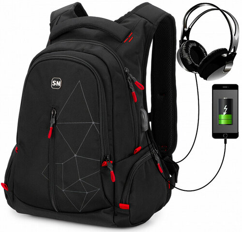 Рюкзак школьный с анатомической спинкой SkyName 90-135 черно-красный для подростка и USB-слотом