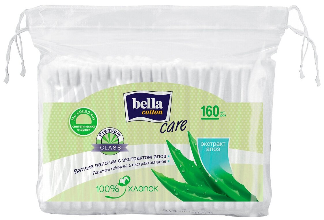 Ватные палочки Bella Cotton Care с экстрактом алоэ, пакет, 160 шт/уп.