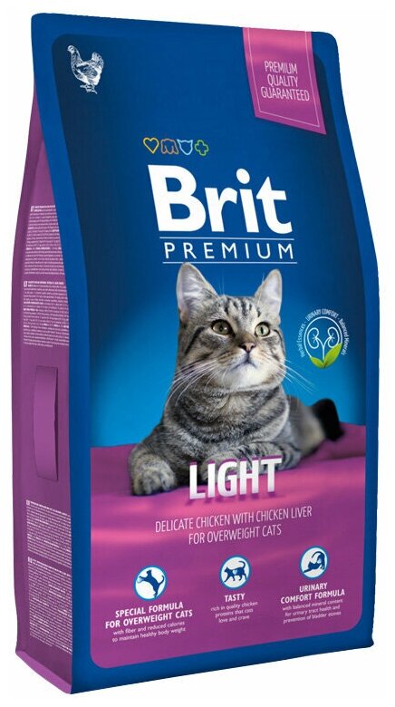 Brit Premium Cat Light Полнорационный корм премиум-класса для кошек с избыточным весом. С курицей в соусе из куриной печени. 8 кг