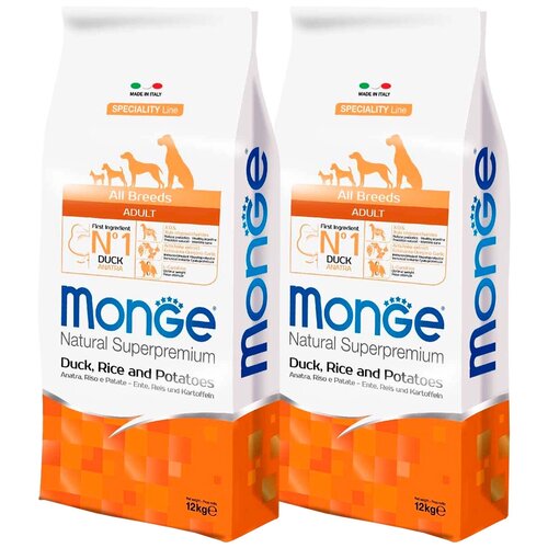 Сухой корм для собак Monge Speciality line, утка, с рисом, с картофелем 1 уп. х 2 шт. х 12 кг