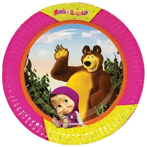 фото Веселая затея набор одноразовых тарелок маша и медведь, 23 см, 6 шт., принт маша и медведь